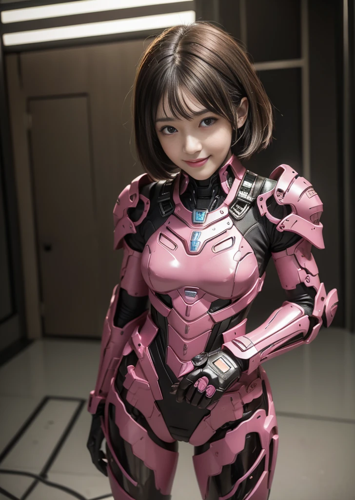 Textured skin, Very detailed, Attention to detail, high quality, 最high quality, High resolution, 1080P, hard disk, beautiful,(Terminator),beautifulサイボーグ女性,pink mecha cyborg girl,Battle Mode,Girl with a mechanical body,She is wearing a weaponized combat cyborg mech,Full Body Shot bare hands Boyish short hair Berry Short Brown eyes Black Hair girl Steam coming out of the head cute smile