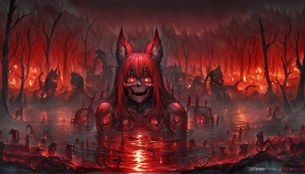 a beautiful detailed kitsune woman with long black fox ears and tails, glowing red eyes, highly detailed mature and curvy figure, large breasts, holding a towel, ruling over a lake with a huge red blood moon reflecting in the water, surrounded by a burning forest full of charred corpses, terrifying smile with glowing red eyes, body covered in dark sinister stains, (best colors,extreme detail description,professional,horror,fantasy