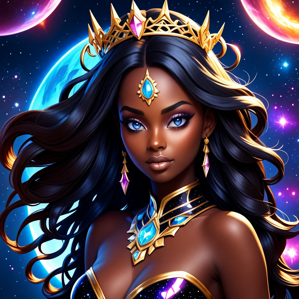 PORTRAIT, a battle angel portrait, beautiful black skin with sparkles and glitter, long long hair, detailed skin, image is compelling with dynamic composition and energetic posing. Include many fantasy details such as bumps, phantasmal iridescence, glitter, galaxy, cosmos, ((dark celestialskin body, void cosmic body)), (((dark background))), (((lights off))), (((hollywood dark))), horror, dramatic shadows, (in a dark fantasy space:1.3, glitter, sparkle, gleam) vector digital illustration, (black background:1.5)sharp