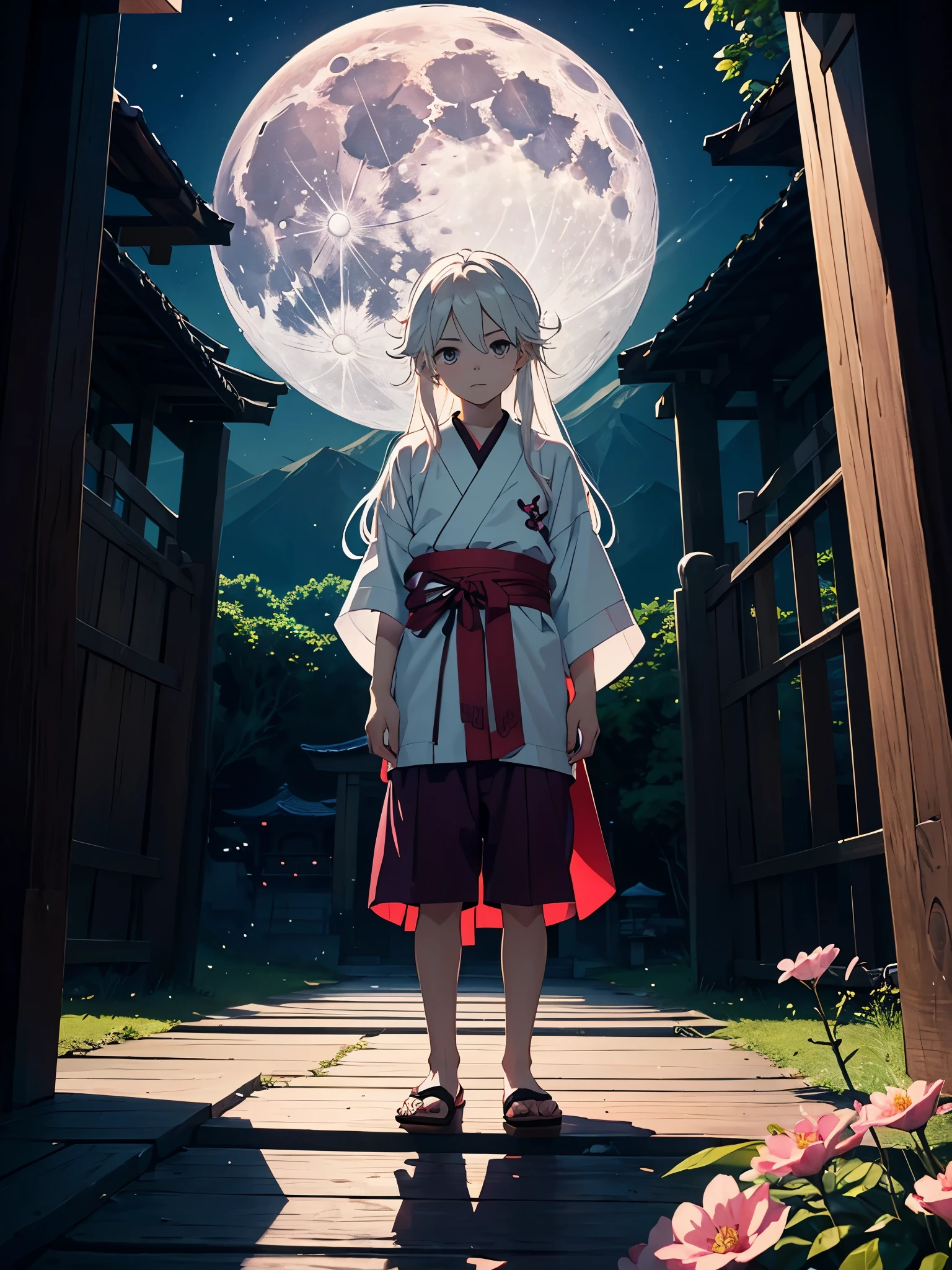 Mehr anime. . masculine. tao. Boy. mystical. Japanese Gate. Tori Tor. Tsukiyomi. japanese clothes. God of the Moon. long white hair. traditional clothing. divine. full moon. Pink flowers.