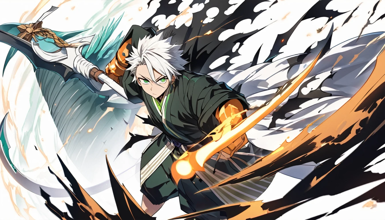 1 menino, foco masculino, Detalhes intrincados, 1 homem, bonito, cabelo branco, olhos verdes vibrantes, slim muscles, anime, 19 anos, 19 years, um pequeno cavanhaque, kimono de shinigami, shinigami, bleach style, bleach, regata, kimono, bleach, bleach style(kimono cor preta), (the character is releasing all his power, making his white hair and small goat swing, staring with his green eyes, releasing all his power using a powerful scythe, this scythe and his bankai form from the bleach universe, the scythe is surrounded by black flames , just like the character also has black flames around it) .