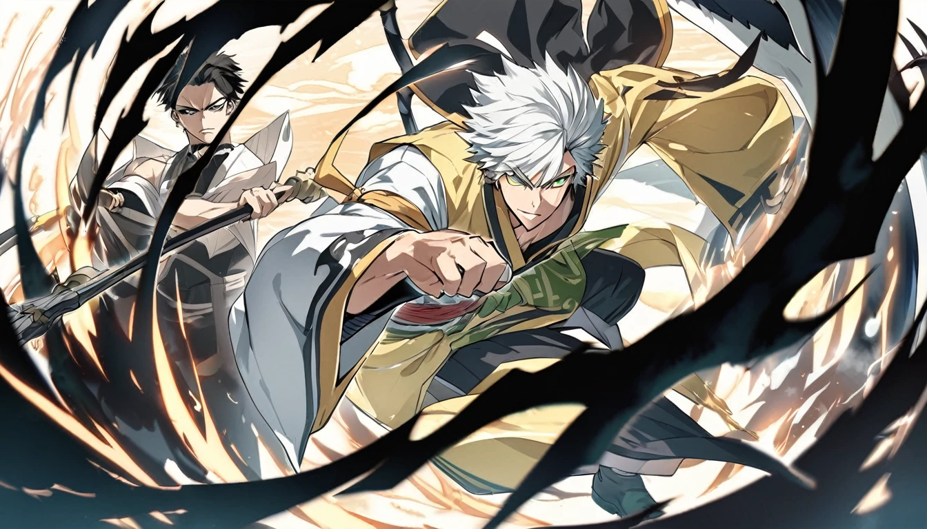 1 menino, foco masculino, Detalhes intrincados, 1 homem, bonito, cabelo branco, olhos verdes vibrantes, slim muscles, anime, 19 anos, 19 years, um pequeno cavanhaque, kimono de shinigami, shinigami, bleach style, bleach, regata, kimono, bleach, bleach style(kimono cor preta), (the character is releasing all his power, making his white hair and small goat swing, staring with his green eyes, releasing all his power using a powerful scythe, this scythe and his bankai form from the bleach universe, the scythe is surrounded by black flames , just like the character also has black flames around it) .
