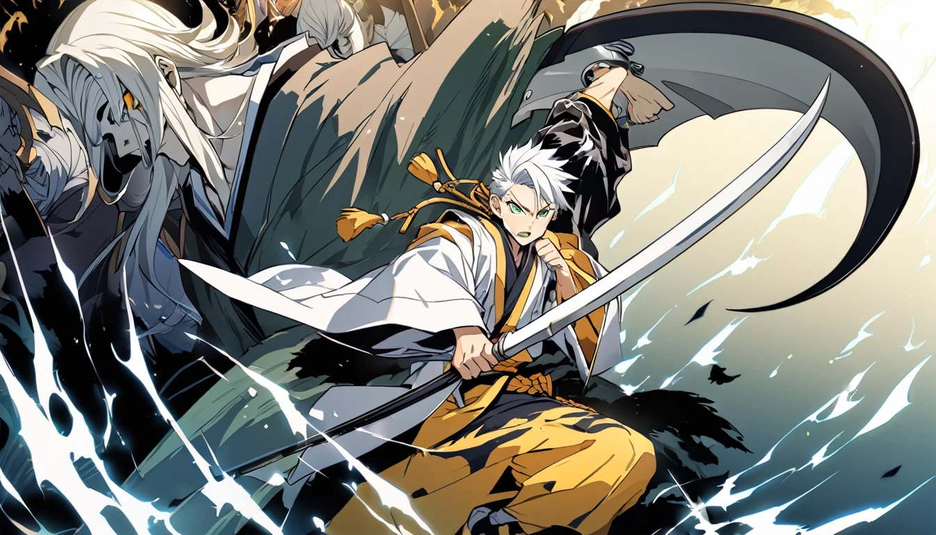 1 , foco masculino, Detalhes intrincados, 1 homem, bonito, cabelo branco, olhos verdes vibrantes, slim muscles, anime, 19 anos, 19 years, um pequeno cavanhaque, kimono de shinigami, shinigami, bleach style, bleach, regata, kimono, bleach, bleach style(kimono cor preta), (the character is releasing all his power, making his white hair and small goat swing, staring with his green eyes, releasing all his power using a powerful scythe, this scythe and his bankai form from the bleach universe, the scythe is surrounded by black flames , just like the character also has black flames around it) .

