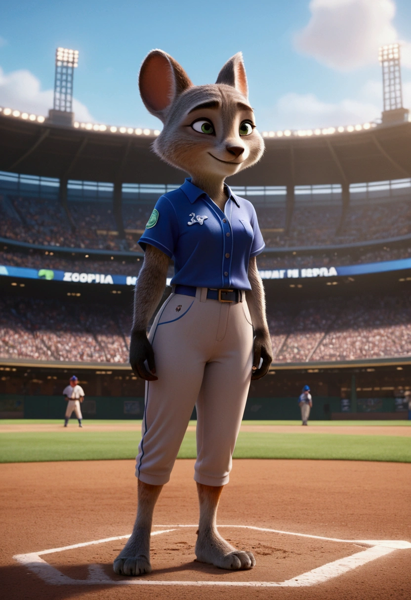 Baseball Player, female from movie "Zootopia", full body, cinematic still, cinemascope, (best quality, masterpiece), very aesthetic, perfect composition, intricate details, ultra-detailed, vivid colors