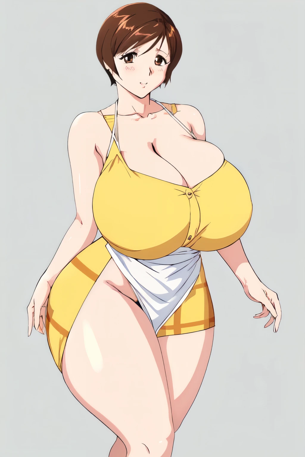 masterpiece, highest quality, High resolution, One girl, solo, sexual intercourse, Pornographic images, short hair, etsukoto, brown Eyes, fine grain, fine grain, (((Thick thighs, Plump thighs, Voluptuous thighs, Thighs alone are enough))), Huge and ample breasts, Cleavage, big long breasts, Naughty big,((big breasts are important))、((Naughty thighs)), L Cup, (thin:1.4),(Tight waist:1.4), (yellow dress:1.4), ((white waist apron)), white panties, (((Simple Background))), ((Wide Hips)), Shiny, Oily skin, Mature mother, Calf, Seductive mature woman, milf, Perfect body, Plus Size Model, curvy, ample, etsukoto, blush, clavicle, retro artstyle, 1990s (style), (thick thighs:1.4), Bare legs,
