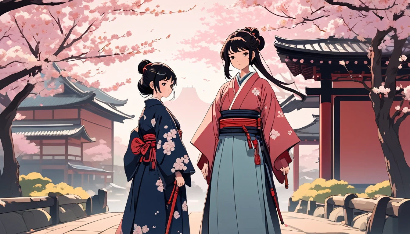Female samurai,Background is cherry blossoms and a Japanese temple、 Wide-angle lens, Lofi Anime, Lofi illustration, Aesthetic atmosphere, Lo-Fi Style, Vector art, Flat Design, Simple shape, Warm tones, Pleasant atmosphere, Chill, In anime style, Digital drawing, Vector art, Vector logo for t-shirt printing, (Adorable:1.5), (small:1.4), (Playful:1.2), (soft:1.3), (Whimsical:1.1), masterpiece, Highest quality, 8K, Intricate details, grow, Celestial, Mysterious, Picturesque, amazing, Majestic, Magic, Fantasy art, Cover art, dream-like