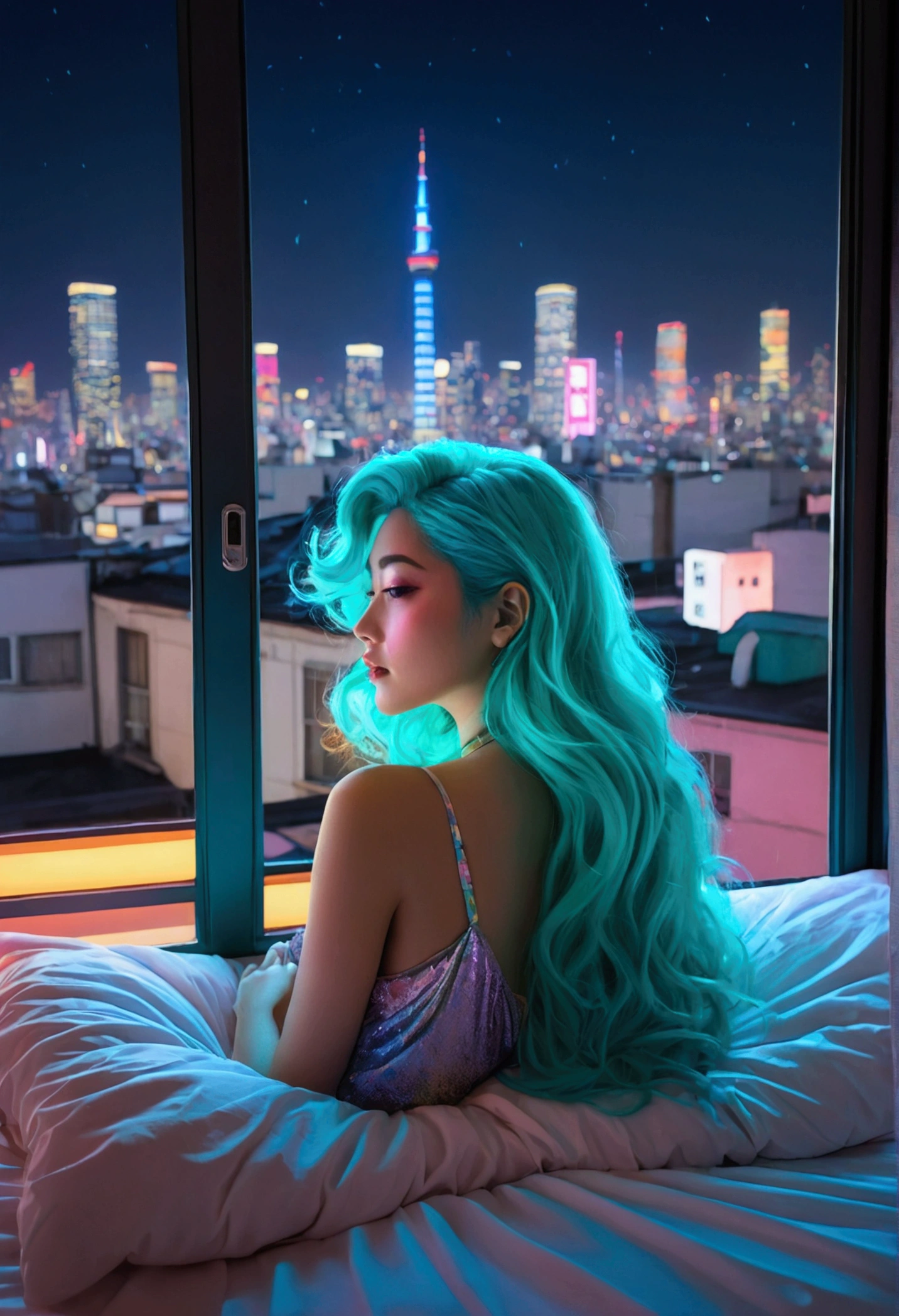 "Create an illustration of a woman relaxing in bed. She has long turquoise hair. Out of the window, You can see the neon streets of Tokyo, and neon lights are streaming in through the window. The style should be anime-inspired with an 80s City Pop vibe. She should be eccentric, Charismatic personality, Dreamy aura, And the feeling of floating. Thinking about 80s pop fashion, City Pop, Backlight Style, and neon lights."