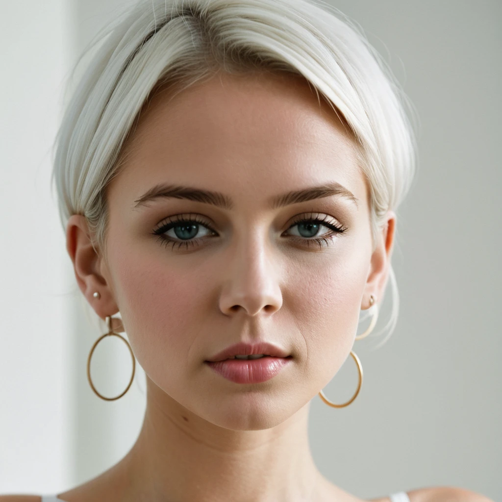 beautiful perfect face short white hair women the background of a minimalist beautiful white architecture