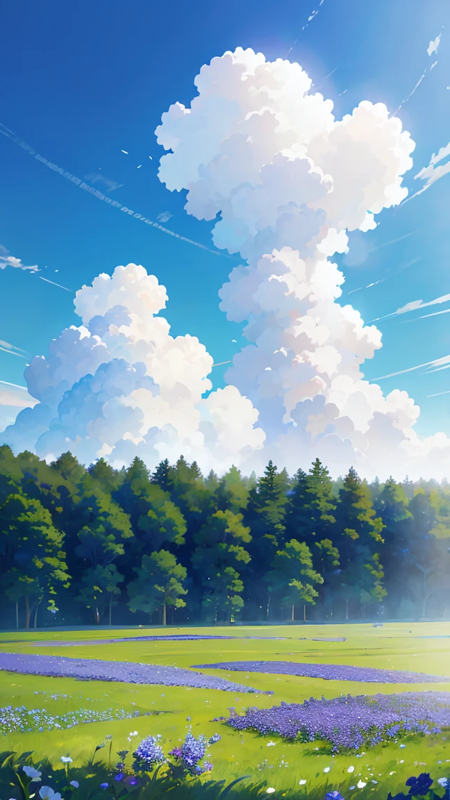 a field of blue flowers, detailed and vibrant, photorealistic landscape, beautiful lighting, serene atmosphere, fluffy white clouds in the sky, warm summer day, high quality digital art, hyper realistic, 8k, masterpiece