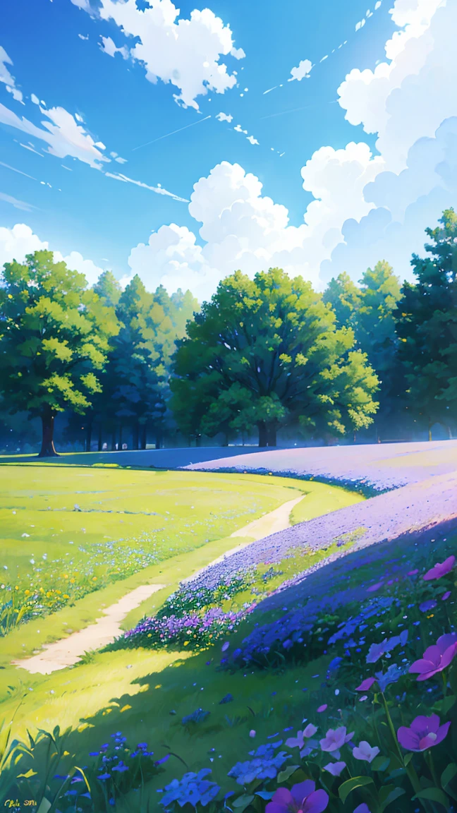 a field of blue flowers, detailed and vibrant, photorealistic landscape, beautiful lighting, serene atmosphere, fluffy white clouds in the sky, warm summer day, high quality digital art, hyper realistic, 8k, masterpiece