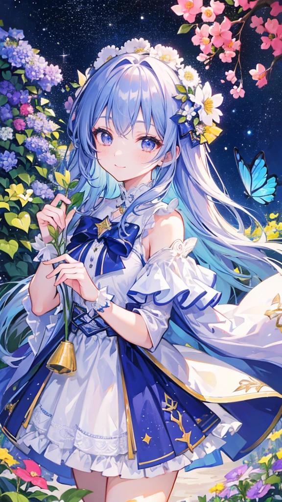 32k, highest quality, expensive_solve, clear_image, detailed background, girl, flower, garden, starry sky, Beautiful modeling, smile, lots of butterflies々,