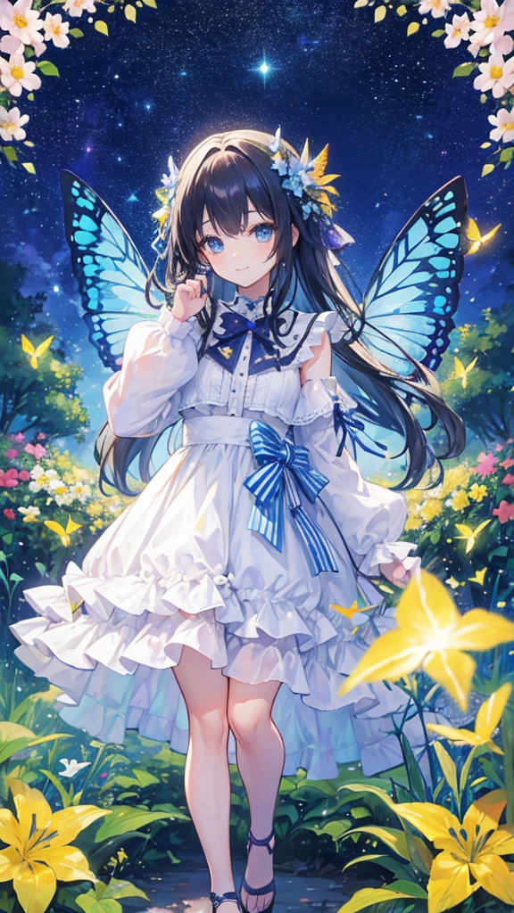 32k, highest quality, expensive_solve, clear_image, detailed background, girl, flower, garden, starry sky, Beautiful modeling, smile, lots of butterflies々,