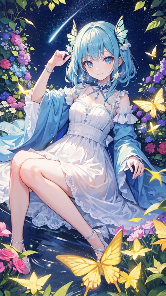 32k, highest quality, expensive_solve, clear_image, detailed background, girl, flower, garden, starry sky, Beautiful modeling, smile, lots of butterflies々,