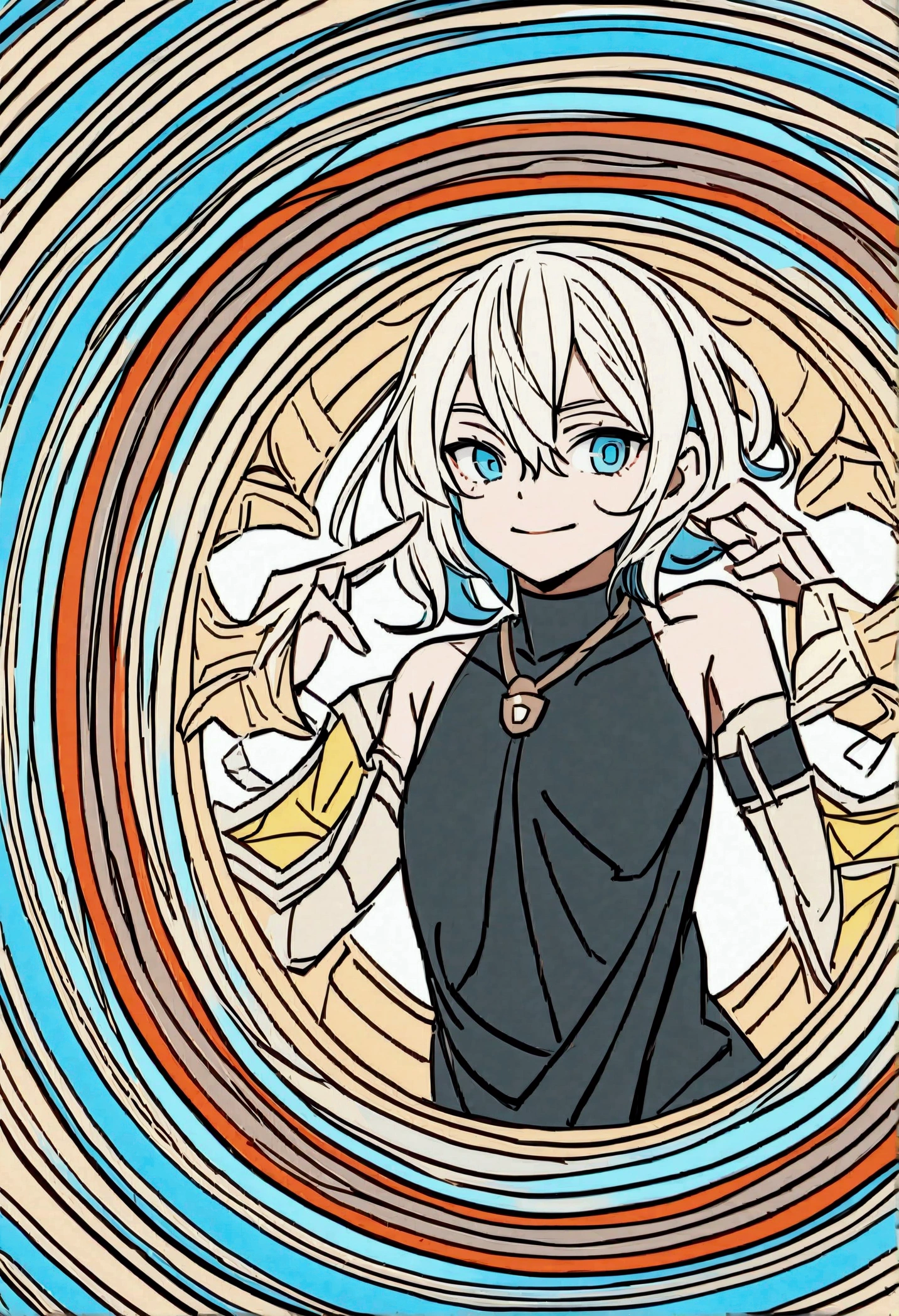 Age: 13
Gender: Male

Appearance:

Hair: Long hair with cyan tips. Two bangs on each side that reach his chest, and the hair at the back reaches his neck.
Eyes: Cyan eyes.
Clothing:

Top: Black t-shirt with red stripes, featuring the word "BANSHOMAN" written on it.
Bottom: Black shorts with blue stripes.
Shoes: Red and white Nike shoes inspired by Blue Lock, decorated with maths equations 
