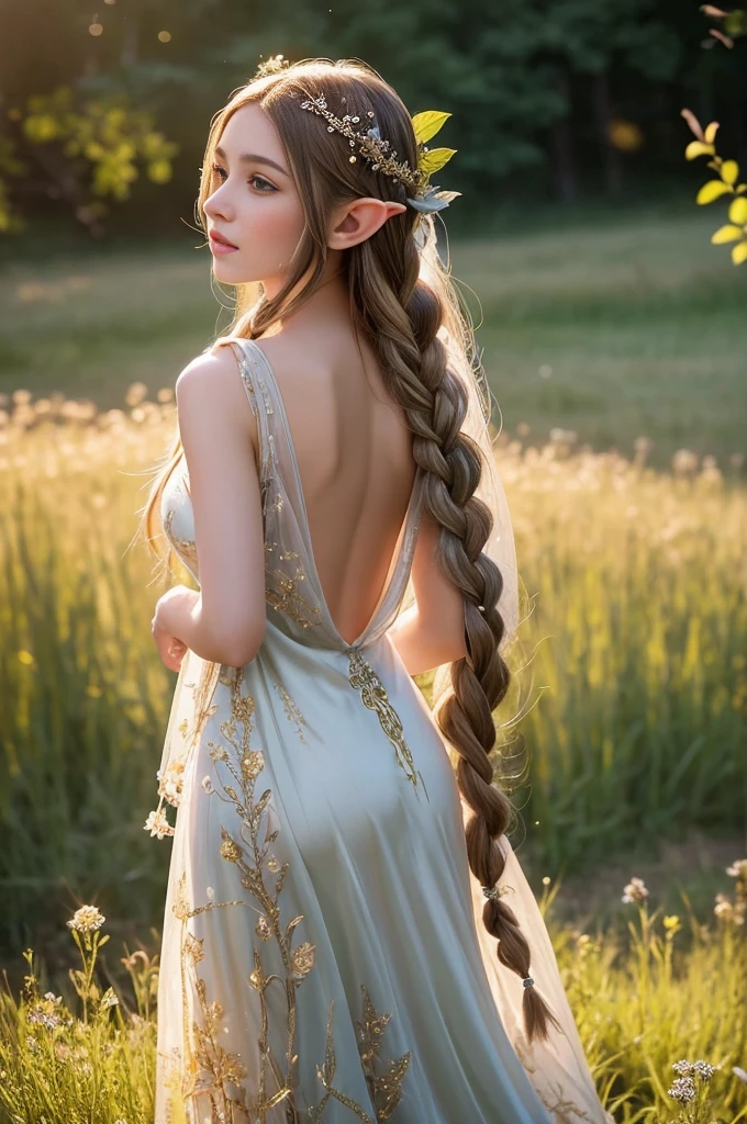 A graceful elf girl stands in a meadow, her delicate features illuminated by the soft light of the setting sun. Her long, flowing hair cascades down her back, adorned with intricate braids and adorned with sparkling jewels. This stunning painting captures the ethereal beauty of elves. Her slender figure in a silk dress sways in the soft meadow breeze. The artist's attention to detail is evident in the intricate patterns of her dress and the subtle highlights of her luminescence. skin. This breathtaking depiction of an elf girl exudes a sense of enchantment and transports the viewer to a magical world. The beautiful elf magician is awe-inspiring as she holds a magician's staff, uses fireball magic, and is about to defeat the Demon King with explosion magic.