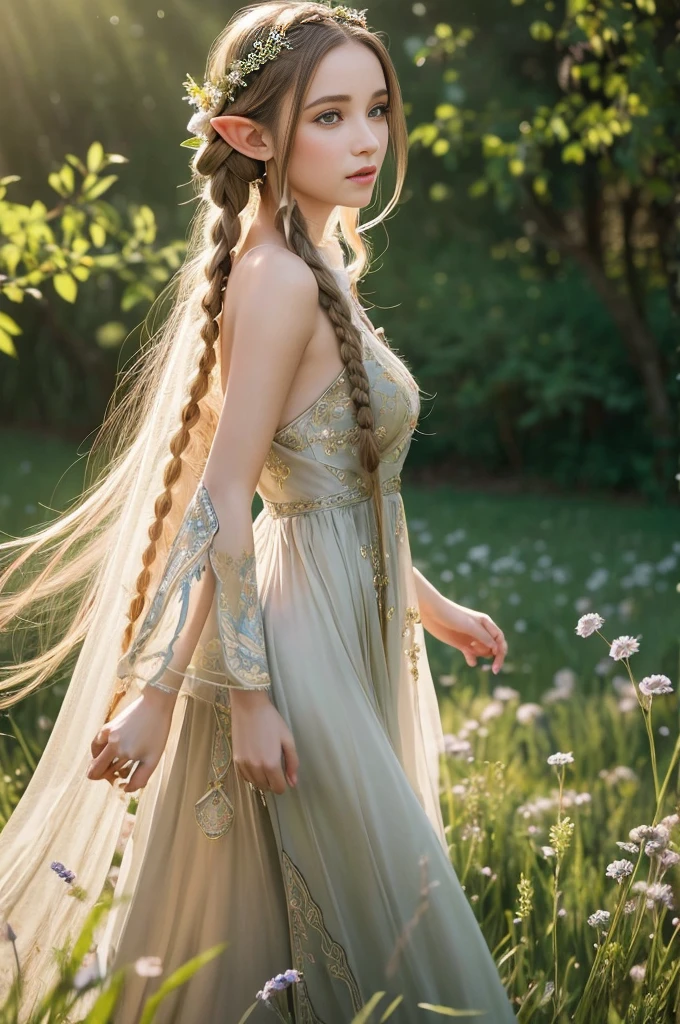 A graceful elf girl stands in a meadow, her delicate features illuminated by the soft light of the setting sun. Her long, flowing hair cascades down her back, adorned with intricate braids and adorned with sparkling jewels. This stunning painting captures the ethereal beauty of elves. Her slender figure in a silk dress sways in the soft meadow breeze. The artist's attention to detail is evident in the intricate patterns of her dress and the subtle highlights of her luminescence. skin. This breathtaking depiction of an elf girl exudes a sense of enchantment and transports the viewer to a magical world. A wizard's staff is awe-inspiring.