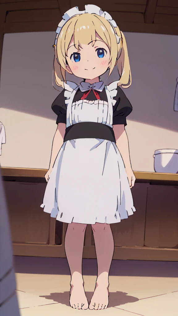 ((masterpiece))((Highest quality))girl、smile、blush、Flat Chest、Are thin、Blonde Hair、blush、Are standing、Whole body image、Even your toes are visible、Eye level on face、front、No background、真frontのアングル、A black maid outfit full of frills、Twin tails、Low - Angle、Fisheye Lens