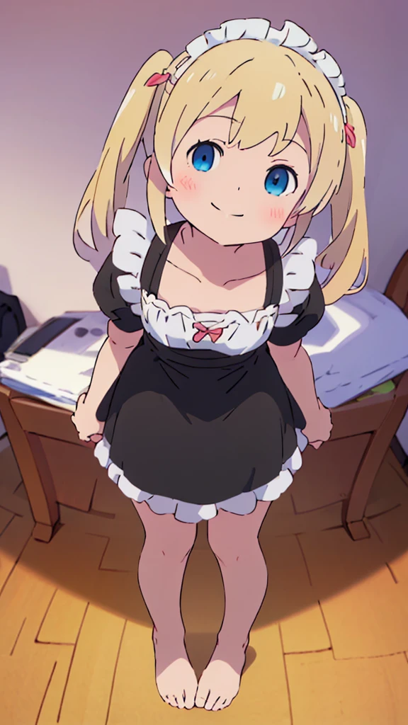 ((masterpiece))((Highest quality))girl、smile、blush、Flat Chest、Are thin、Blonde Hair、blush、Are standing、Whole body image、Even your toes are visible、Eye level on face、front、No background、真frontのアングル、A black maid outfit full of frills、Twin tails、Low - Angle、Fisheye Lens