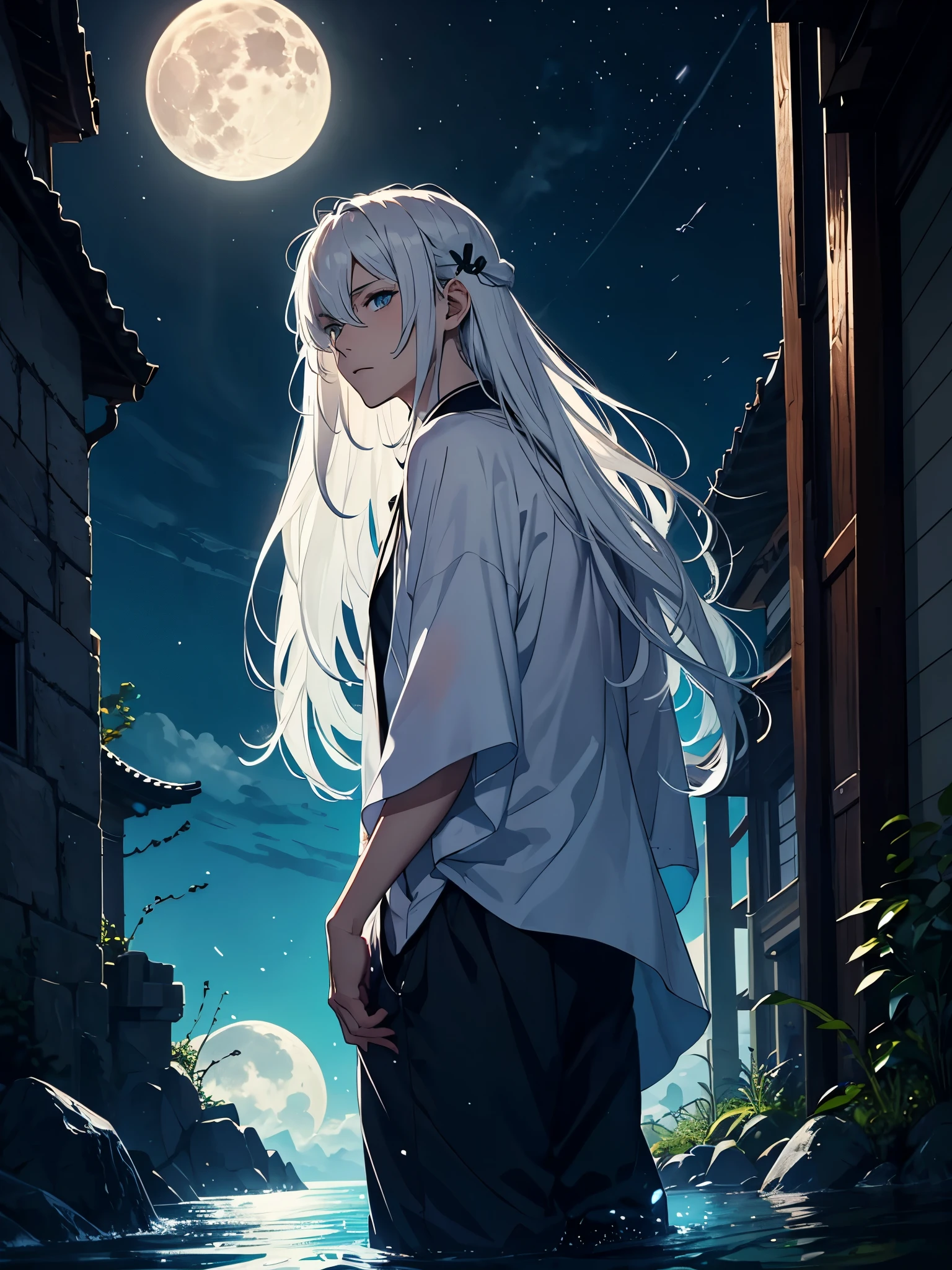 Roter Kimono. Rote Blumen. Japanisches Tor. Tori. Blue wolf. Kimono. . More anime. light blue light. Bright bright light. male. Long hair. long white hair. aquatic, boy, God of the Moon, silver hair accessories, White hair.