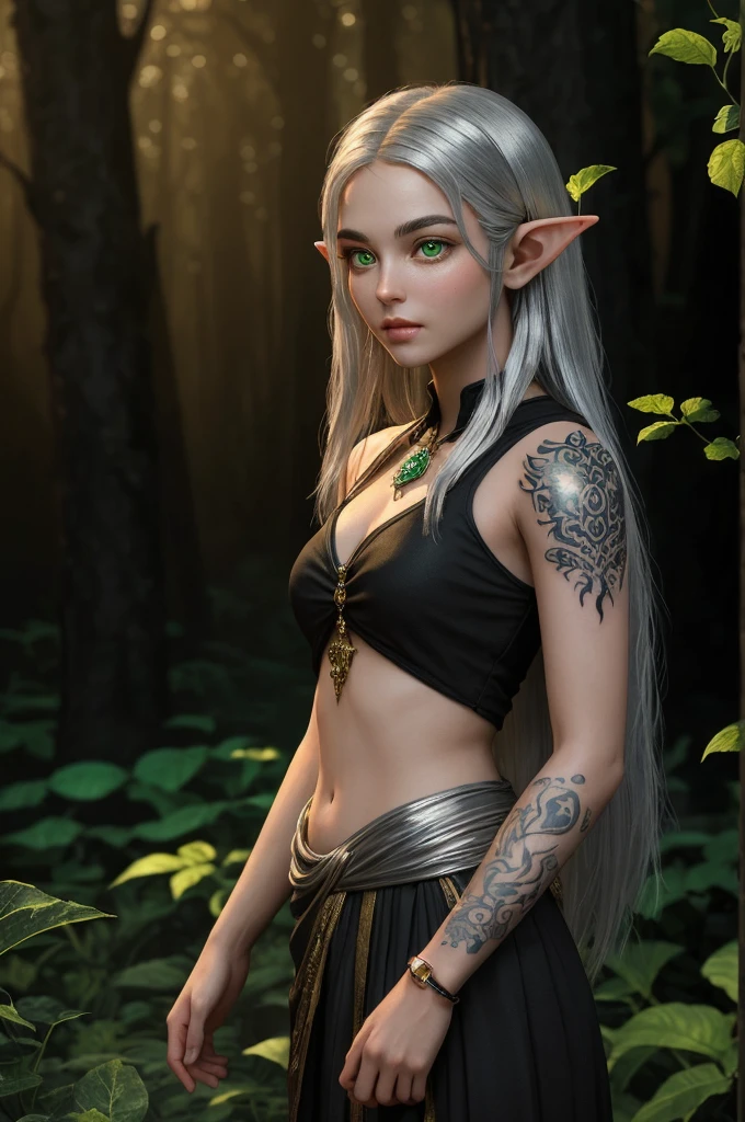 Masterpiece "Arya" a beauty  woman elf light-skinned  with a golden hue and long, straight silver hair, trains in a glowing forest. His green eyes watch intently, and his bioluminescent vine-shaped tattoo on his left arm glows softly. The scene has vibrant, bioluminescent lighting, with soft focus and ultra-detailed 3D rendering style.