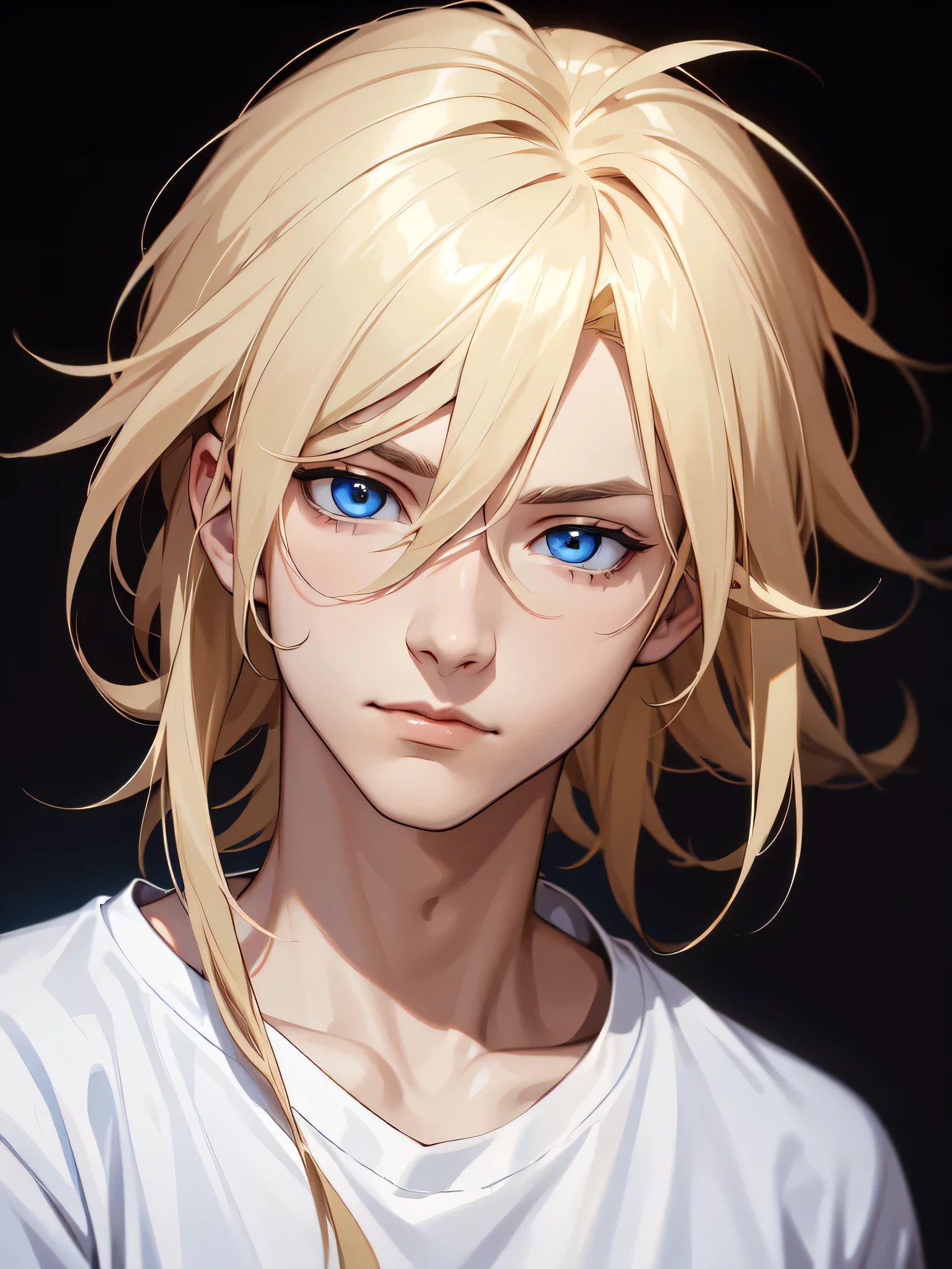 (((Portrait Photo))), He is a Young Man with a Tall, Lean Build and a Calm Demeanor. He has Long, Light Blonde Hair, Styled in a Casual, Tousled Look, with Strands Falling Around His Face. His Bright Blue Eyes Express a Calm and Relaxed Look, Giving Off a Childish and Lazy Attitude. He Usually Wears a Loose White T-Shirt. (((High Quality, Dark Background))), (((Portrait Photo)))