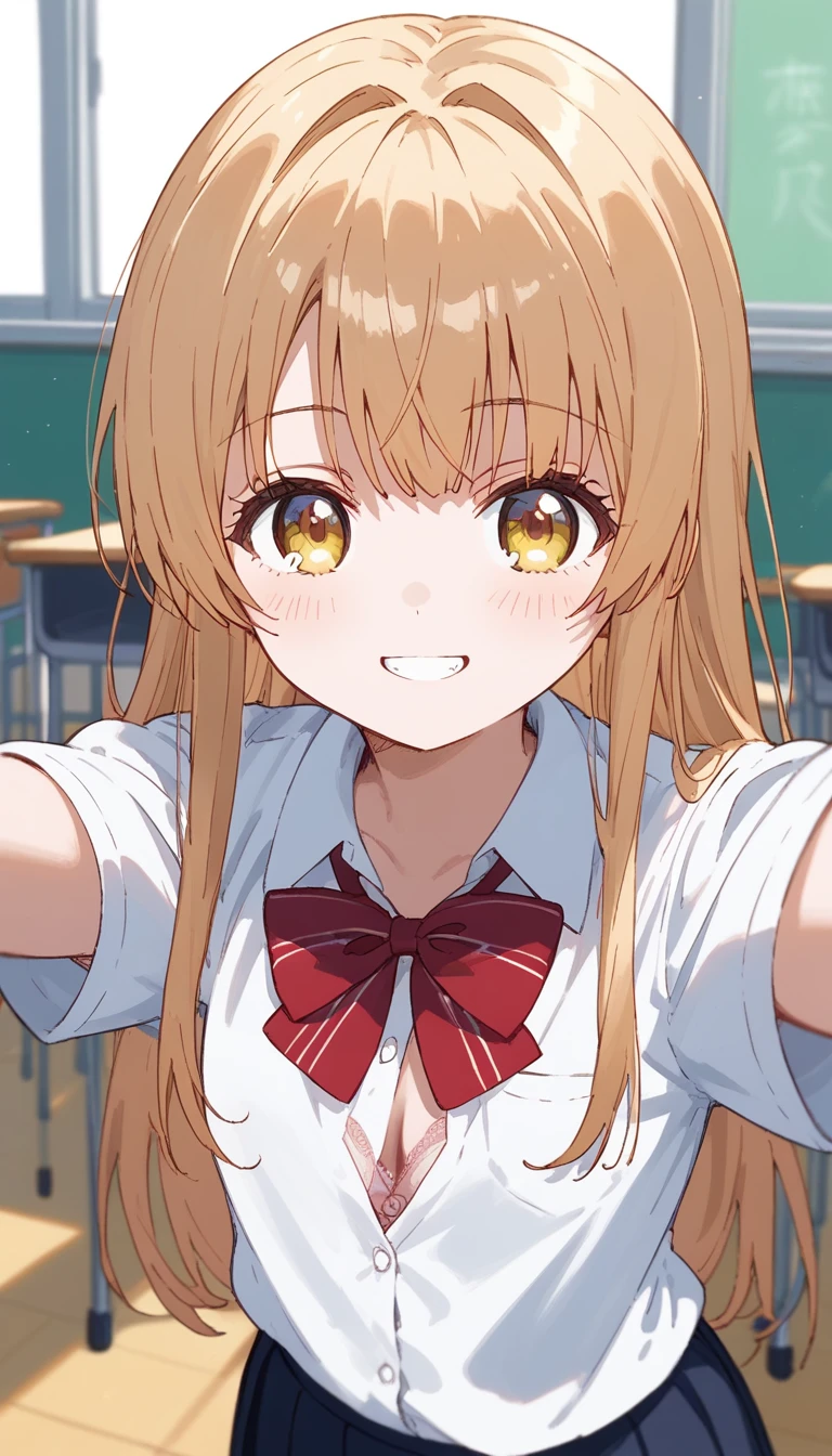 masterpiece,Ultra HD,score_4_onBREAK source_anime,可愛いanimeイラスト, masterpiece,high resolution,smile,alone,mahirushiina,One girl,Blonde,Long Hair,Selfie pose,Close your mouth,Showing off your bra,White shirt,Red bow tie,black tights,School,classroom,nsfw,
