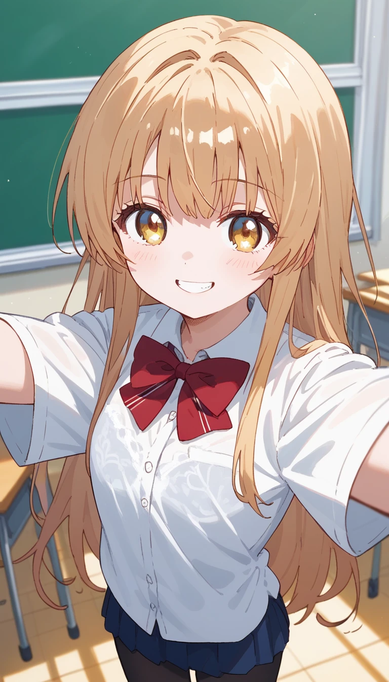 masterpiece,Ultra HD,score_4_onBREAK source_anime,可愛いanimeイラスト, masterpiece,high resolution,smile,alone,mahirushiina,One girl,Blonde,Long Hair,Selfie pose,Close your mouth,Showing off your bra,White shirt,Red bow tie,black tights,School,classroom,nsfw,