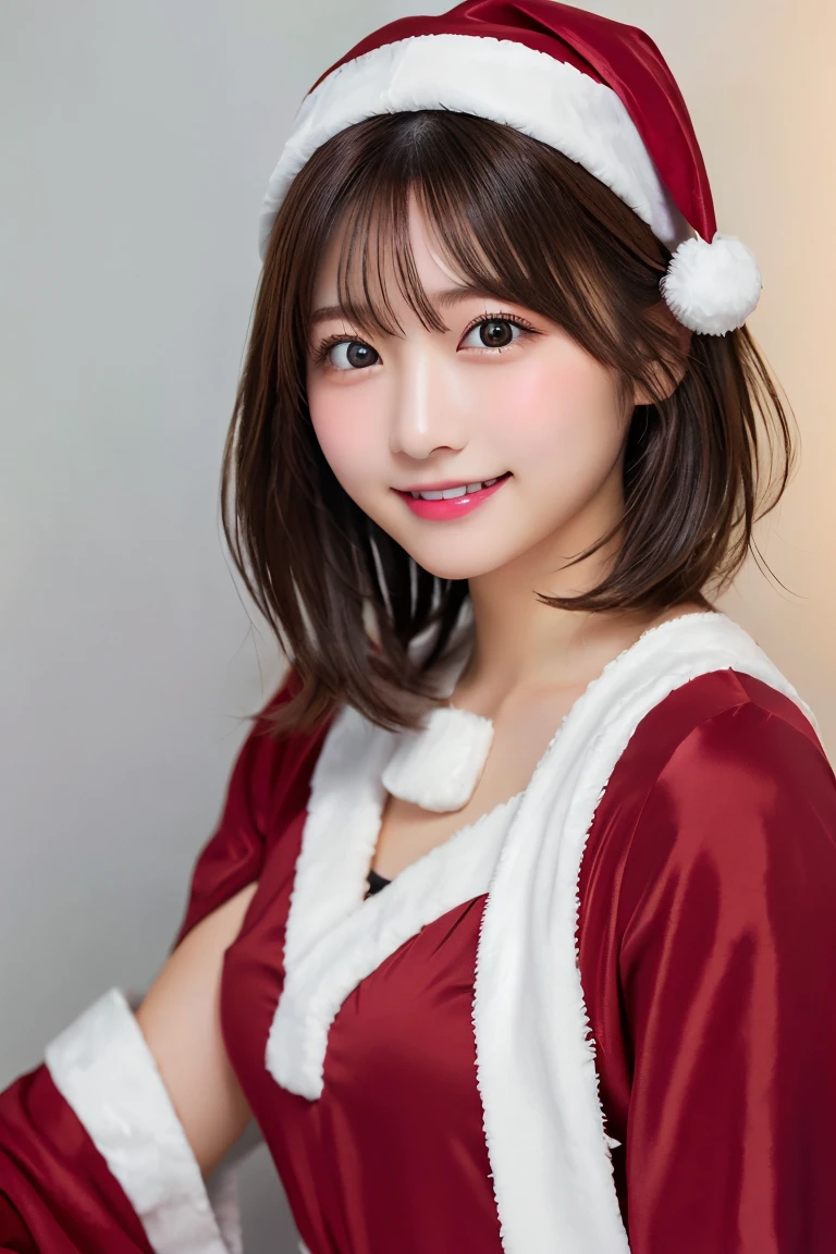 Highest quality、（beautiful）、Super delicate eyes、Brown eyes、22-year-old female、Brown Hair、smile、looking at the camera、Semi-short hair、Gal、Santa Costume