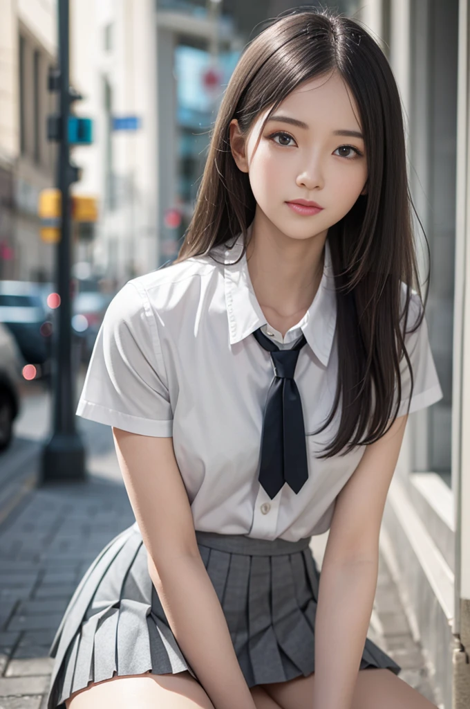 masterpiece, Highest quality, 8K, 85mm Portrait, Absurd, beautiful girl, cute, street, (school uniform, White shirt, Short sleeve), (Grey pleated mini skirt:1.5), (Dark grey tie:1.2), Long Hair, Slim body, Large Breasts,neon, Natural Makeup, perspective, Depth of written boundary, Ultra-realistic, High resolution, photograph, Sharp focus, High resolution, Face Light, Dynamic Lighting, Most detailed, Very detailed, Super detailed, In detail, Real Skin, Delicate facial features,I can see your beautiful thighs,Shooting from knee to overhead,
