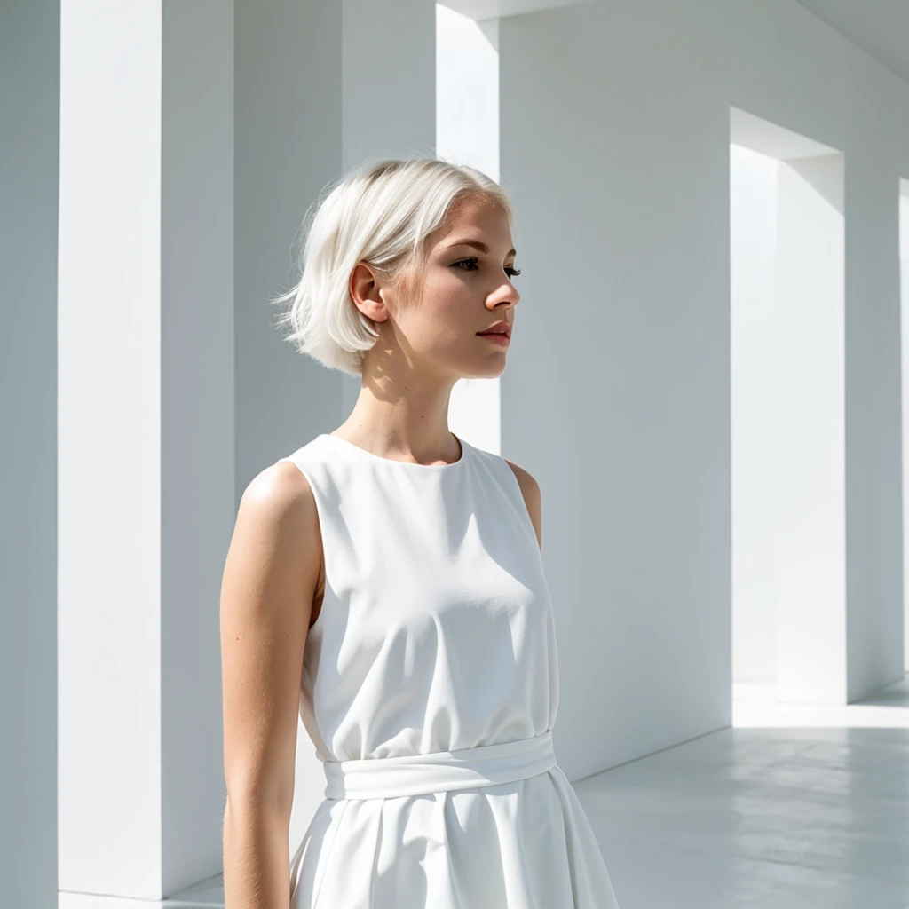 short white hair women the background of a minimalist beautiful white architecture