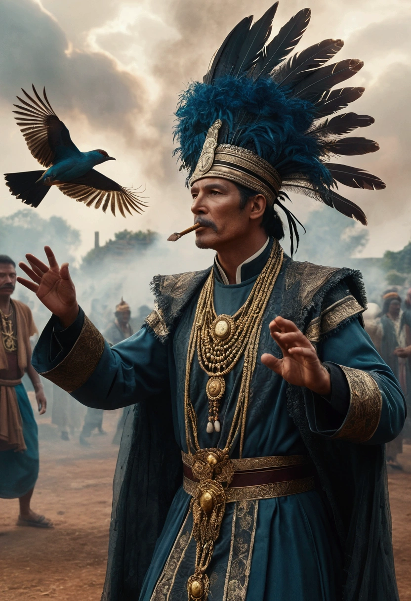 The scene is atmospheric and open, ancient sacrificial pictures, smoky and full of smoke, birds in human clothes dancing, worshiping Sunday, (detailed costume details, detailed clothing light sense), faintly appearing, detailed bird feather details, cumbersome and complex picture feeling, (full of weird and mysterious pictures), the background is cloudy, photos are realistic, 8k,