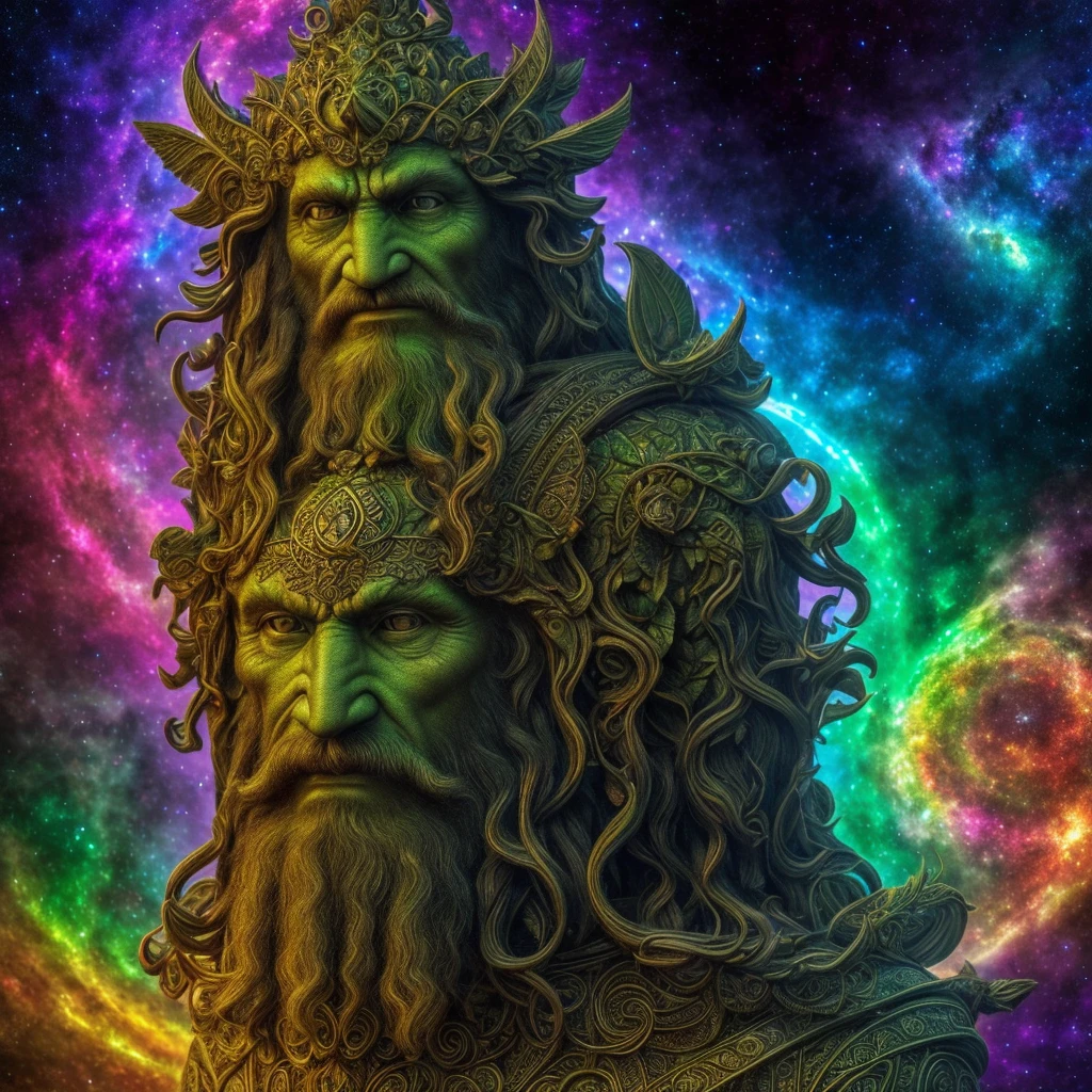 (High resolution, incredibly detailed, masterpiece), symmetrical, centered, single bust portrait of (one Gaelic Greenman), featuring fractal geometry in (vibrant colors:0.8), set against a (galactic background:1.2), bringing together complex, mesmerizing shapes and patterns, dmt , fractal art, holy light.
