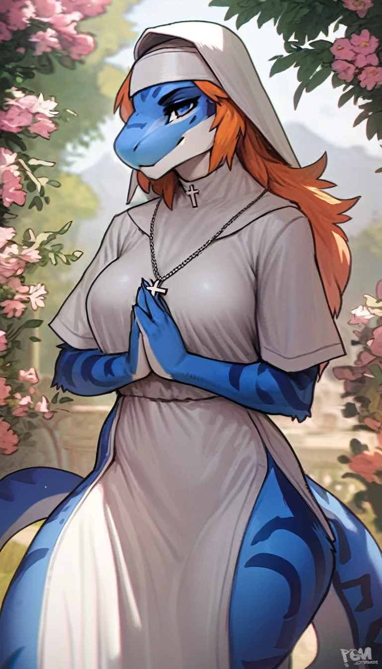 solo, blue and white blue snake, beautiful details, smile, smile, sfw, outdoors, beautiful background, flowers, wearing accurate nun clothing, cross necklace, head covering, orange hair,  motherly figure,  perfect anatomy, masterpiece ,amazing shading, full body, detailed hands, detailed eyes, detailed face, detailed arms,anthro,  (detailed:1.5), great character design, character concept, earrings, by pgm, by notglacier, by SligarTheTiger, by honovy, solo, centered, character focus, masterpiece, 8k