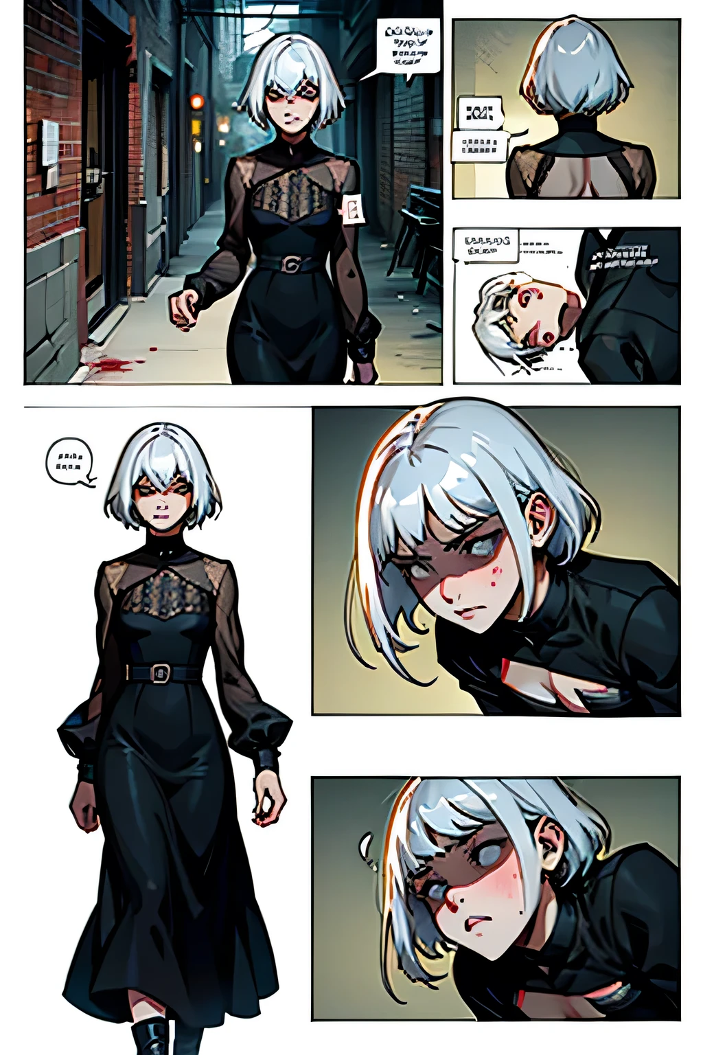 A small, very thin girl with short white hair, Feeling very sick, Detailed illness, Coughing up blood, syncope , Vomit, Bloodstained, Wearing a long black dress, running, Comic book page with panels and dialogue