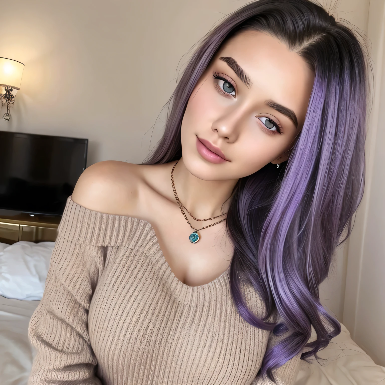 a beautiful young woman, 19 years old, long light purple hair, slightly faded hairlines, large breasts, looking at the viewer, nude shoulders, brown eyes, gem necklace, full body view, off-shoulder black sweater, realistic, sexy, white clothing