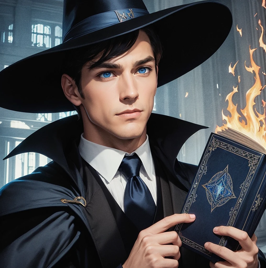 American classic comic book art: handsome man, black short hair, navy blue wizard hat, navy black suit, fire magic, holding a blue magic book, blue eyes, elegant, city, wide sleeves, creating spells, library.