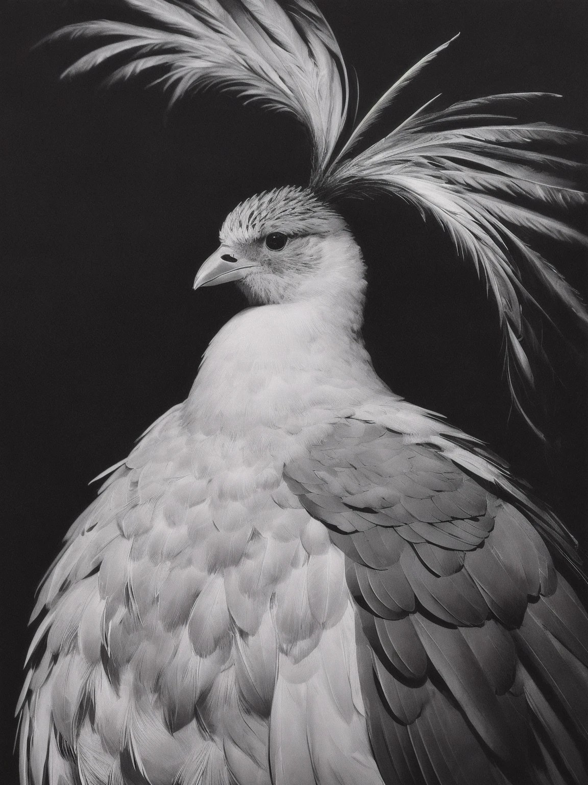 In the heart of the image, a single animal stands, bathed in the spotlight against a stark black backdrop. This creature, a bird of some kind, is captured in exquisite detail, its feathers meticulously rendered, each one distinct and lifelike. The background is intentionally simple, free of any human presence or distractions, allowing the viewer’s focus to be drawn solely to the animal. The lack of complexity in the setting amplifies the realism of the bird, highlighting its natural beauty and grace.