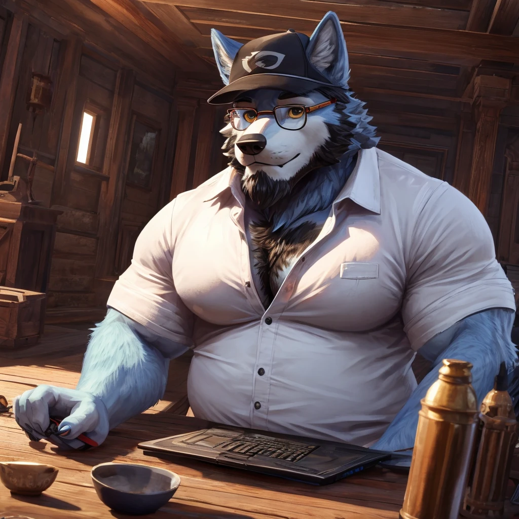 ((best quality)), ((masterpiece)), (Ultra detailed), ((4k)) , Solo , Anthro Wolf , Light Blue Fur , Black Short Hair , Short Beard , Handsone , Middle Ages , Big Pecs chest , Fat body, Wearing Normal Shirt , Black Front Cap , Google Glasses On top , Cool Pose , Playing Game 