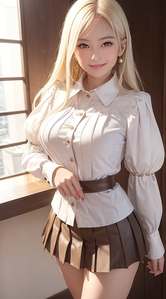 European and American women, Fashion Model, Glamour, Paparazzi took pictures of her, blonde hair, brown eyes, 8K, high quality, masterpiece, 最high quality, HD, very detailed、voluminous lighting, photorealistic、((white long sleeve button up blouse_with collar_Remove up to the second button_puffy sleeves_see-tyrough sleeves_white pleated mini skirt:1.3)),((shy smile:1.3)),fullbody shot、((full figure supermodel standing, entire body in frame)),A stack of bills,armpits,seductive pose