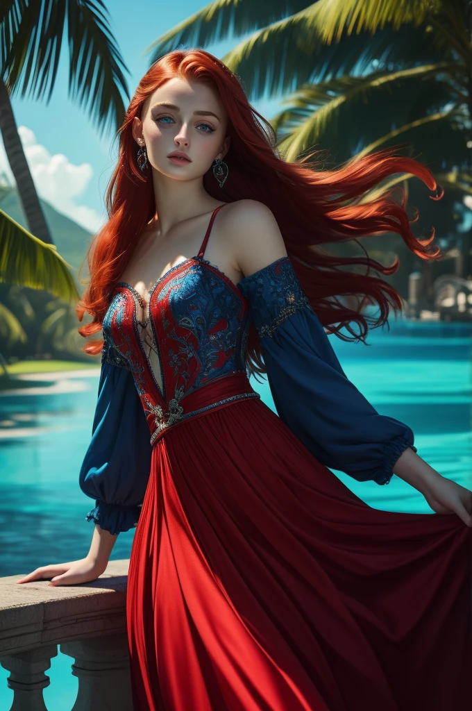 16 year old Sophie Turner, ultra detailed face, ultra detailed blue eyes, long red hair, (dress, long skirt), tropical water, (((masterpiece)))