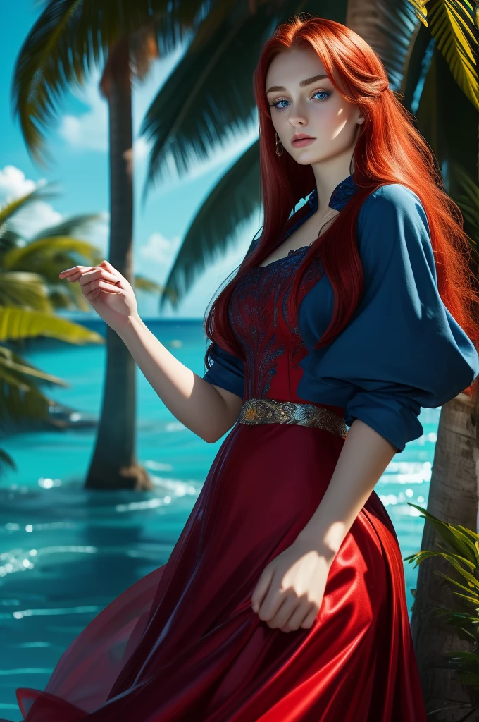 16 year old Sophie Turner, ultra detailed face, ultra detailed blue eyes, long red hair, (dress, long skirt), tropical water, (((masterpiece)))