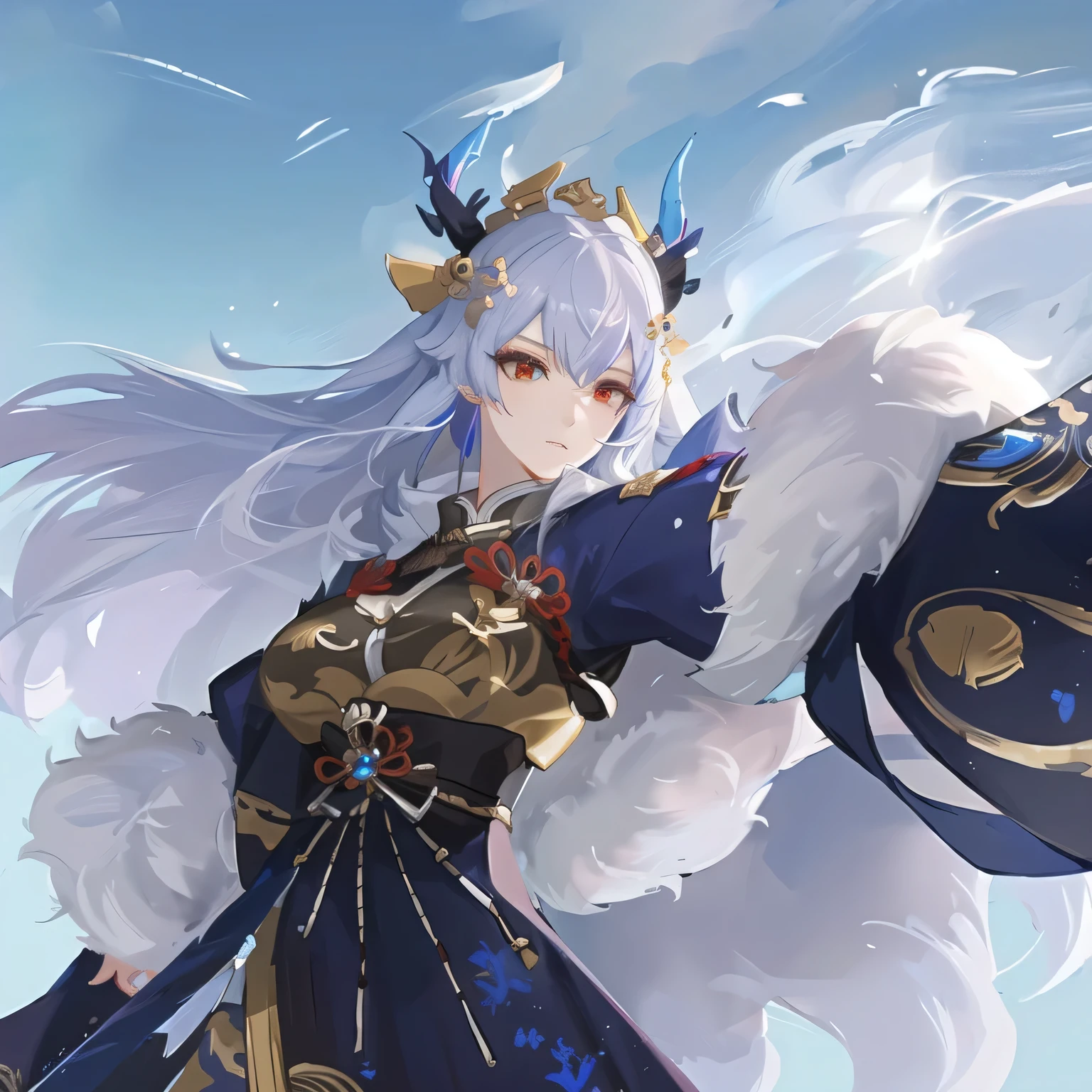 Close-up of a woman holding a sword and a helmet, Onmyoji, Onmyoji detailed art, Keqing from genshin impact, Onmyoji portrait, Portrait of the Knights of the Zodiac, IG model | Atjem, dragon, White-haired deity, Inspired by Pu Hua, extremely detailed Atjem, heise jinyao