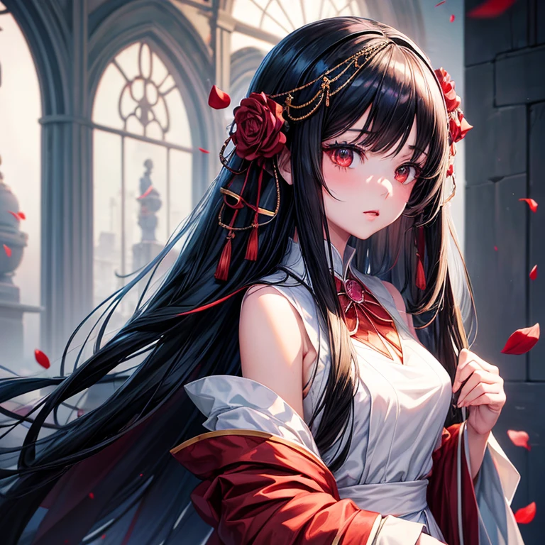 Anime girl with long black hair and white dress with red roses, Gu Weiss, Gu Weiss on pixiv artstation, Detailed digital anime art, Beautiful anime girl, Gu Weiss on artstation pixiv, Anime style 4k, guys, Beautiful anime portrait, Detailed portrait of anime girl, Beautiful anime woman, Detailed anime art