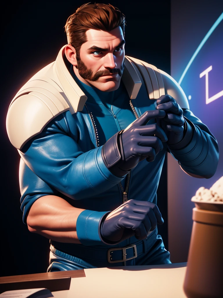 40-year-old man, alone, strong, muscular, short brown hair, blue clothes, wears blue gloves, one of his hands is a cannon, high resolution, perfect image, very detailed, high contrast, digital colors, simple, flat medium, cinematic, ultra sharp focus, award-winning photography, perfect contrast, high sharpness, depth of field, ultra detailed photography. global illumination, fluid, ultra high definition, 8k, Unreal Engine 5, ultra sharp focus, award-winning photography, Art Season Trends,
