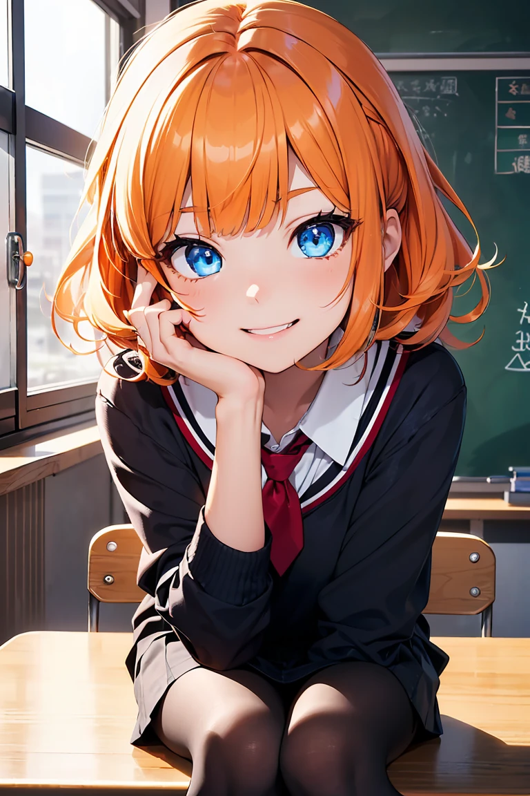 ((1 girl)), Latest trends in clothing, cheerful grin, animated expressions, school uniform, blackstockings, classroom ((very detailled, highest quallity, high resolution, 8 k wallpaper, cute ,)),(hair orange, shorth hair, juvenile,bouncy hair, ((asymmetrical bangs)) ,(shining blue eyes),ombre, eyeliner,glowing eye, very detailledな目, complex eyes, gorgeous eyes, 輝くBright blue eyes 17 year old
