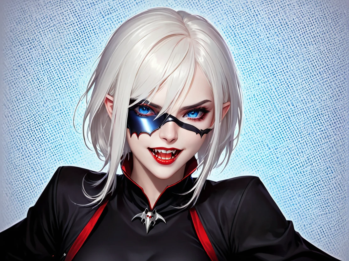 A young woman with white hair and red tips, a vampire, vampire canines, blue eyes, eye patch, short hair, female physique, Discord PfP, fantasy, vampire,long canines, rice teeth