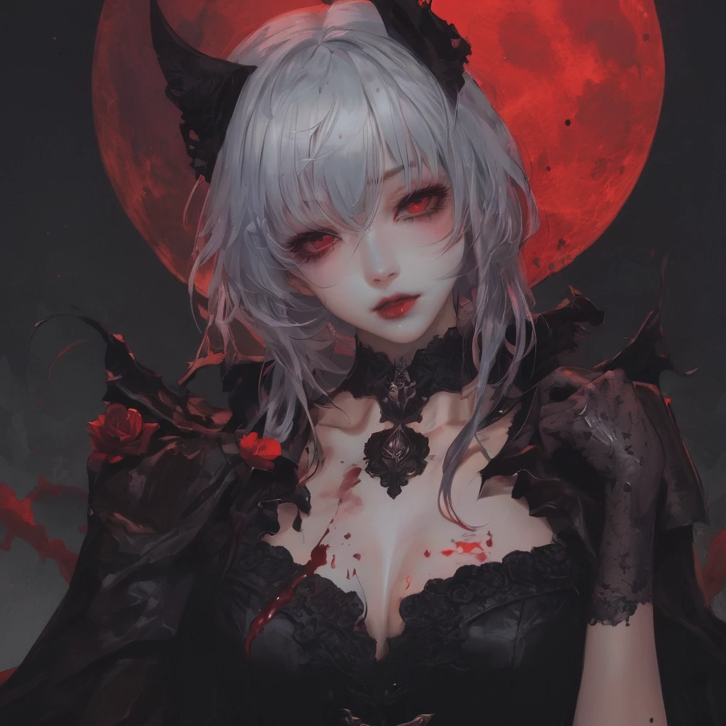 ,Face-only photo,Draw only the face,Look up,Face shot,Midnight Cemetery、dawn、Red full moon、darkRedVampire、red and black bat、Red rain、Batware、Put on the bat、Bat Costume、Gothic Dress、Open your mouth、Licking my tongue、Vampire Fangs、Fascinating美しさ、Fascinating、Black Rose、skull、Red eyes、八重teeth、teeth、Unnaturally pale skin、Black gloves, (Blood splatter:1.5)