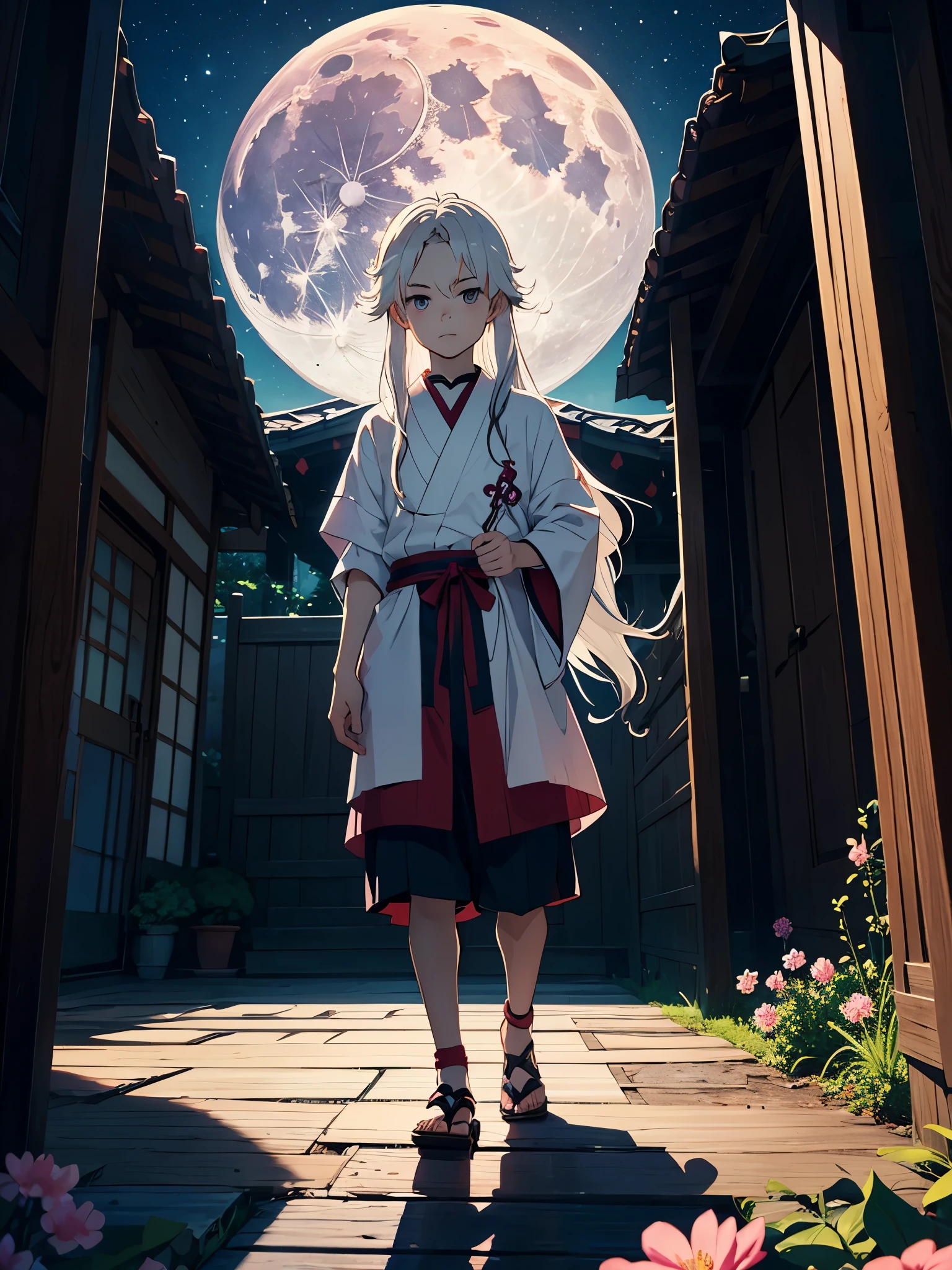 Mehr anime. Little kid. masculine. tao. Boy. mystical. Japanese Gate. Tori Tor. Tsukiyomi. japanese clothes. God of the Moon. long white hair. traditional clothing. divine. full moon. Pink flowers.