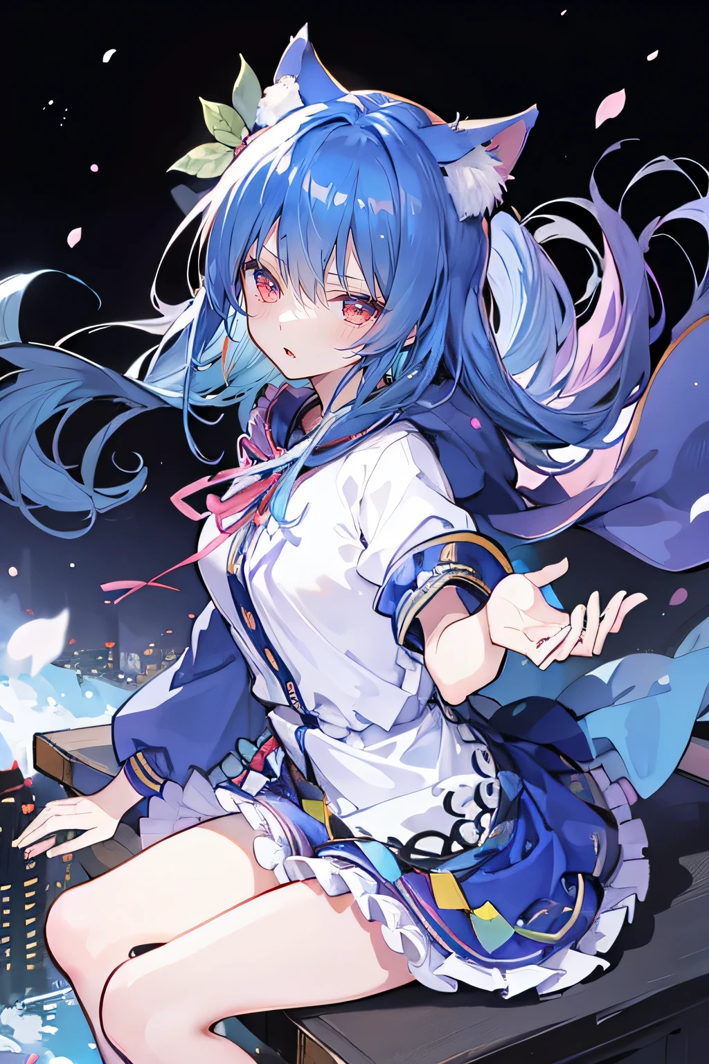 （masterpiece：1.2），Super detailed，lifelike，Expressive eyes，fair skin，perfect face shape，1 girl，
Japanese comics,Gorgeous blue hair,flowing blue hair,flowing clothes,Cat ears,Petals fall,beautiful lola,Baby Angel,
Shaking head with one hand，Cross your legs，smile, wearing hoodie,snowing，City streets。