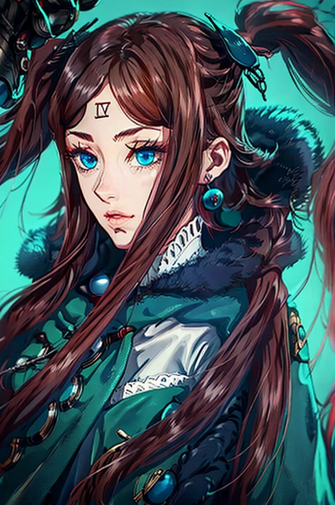 Extremely beautiful adult woman, long curly graphite hair, red mouth, blue colored eyes, looking very seriously at the viewer, red jacket, background azul aombreado.